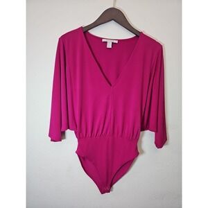 Forever21 Bodysuit Women S Pink Dolman Sleeve V Neck Romantic Preppy Thong